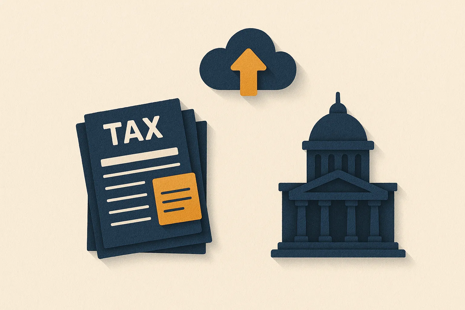 Stacked tax forms transmitting to a government building via an e-file cloud arrow, a warm editorial paper-craft illustration in the CompliCalendar style.
