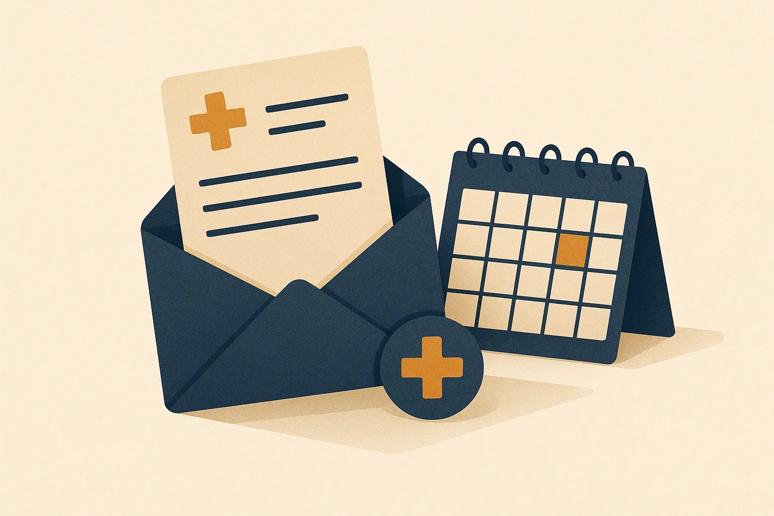A healthcare benefits form in an envelope with a small medical cross and a calendar, a warm editorial paper-craft illustration in the CompliCalendar style.