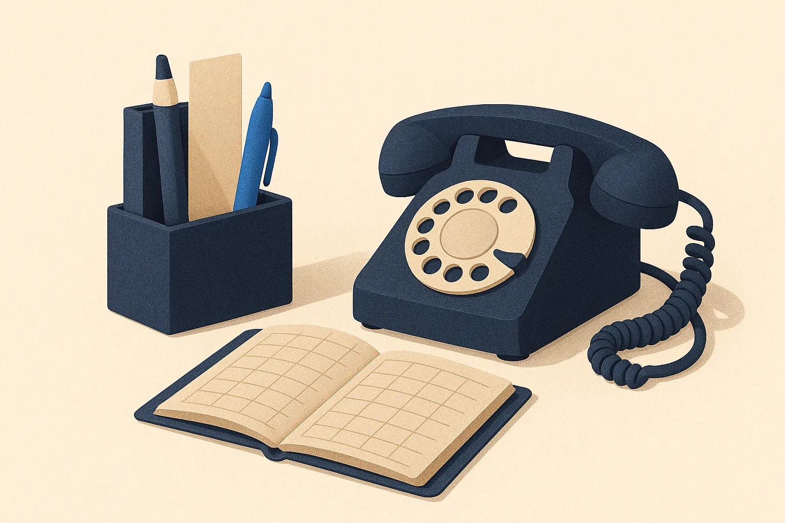 A desk organizer, telephone, and planner arranged as a tidy office still life, a warm editorial paper-craft illustration in the CompliCalendar style.