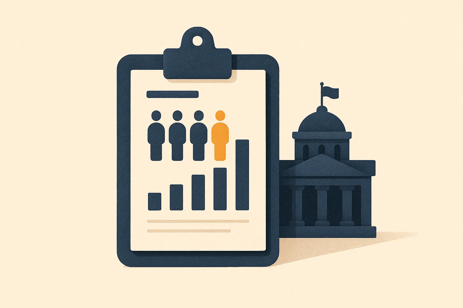 A workforce-demographics bar-chart report on a clipboard by a government building, a warm editorial paper-craft illustration in the CompliCalendar style.