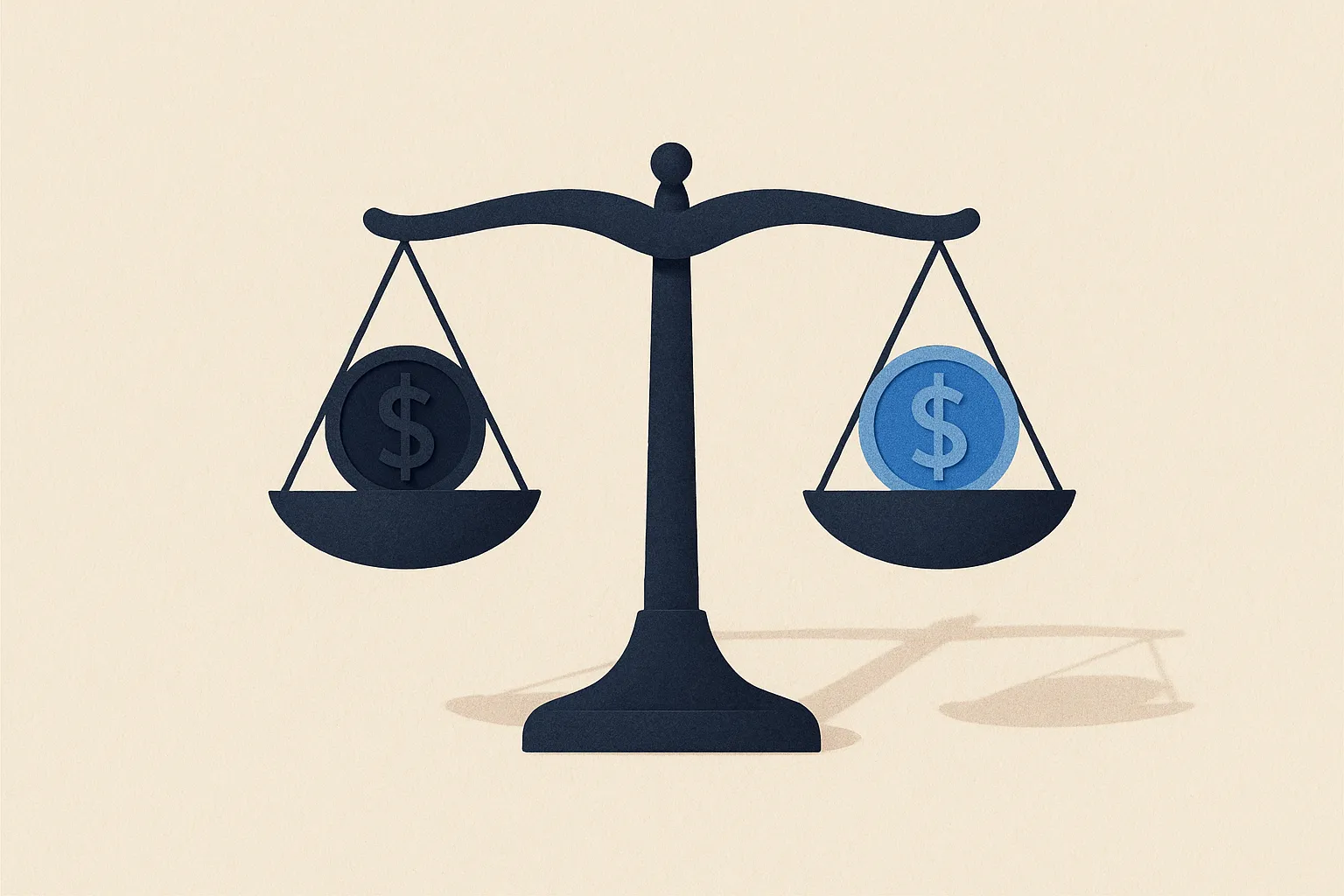 A balanced scale weighing two equal coins, a pay-equity motif, a warm editorial paper-craft illustration in the CompliCalendar style.