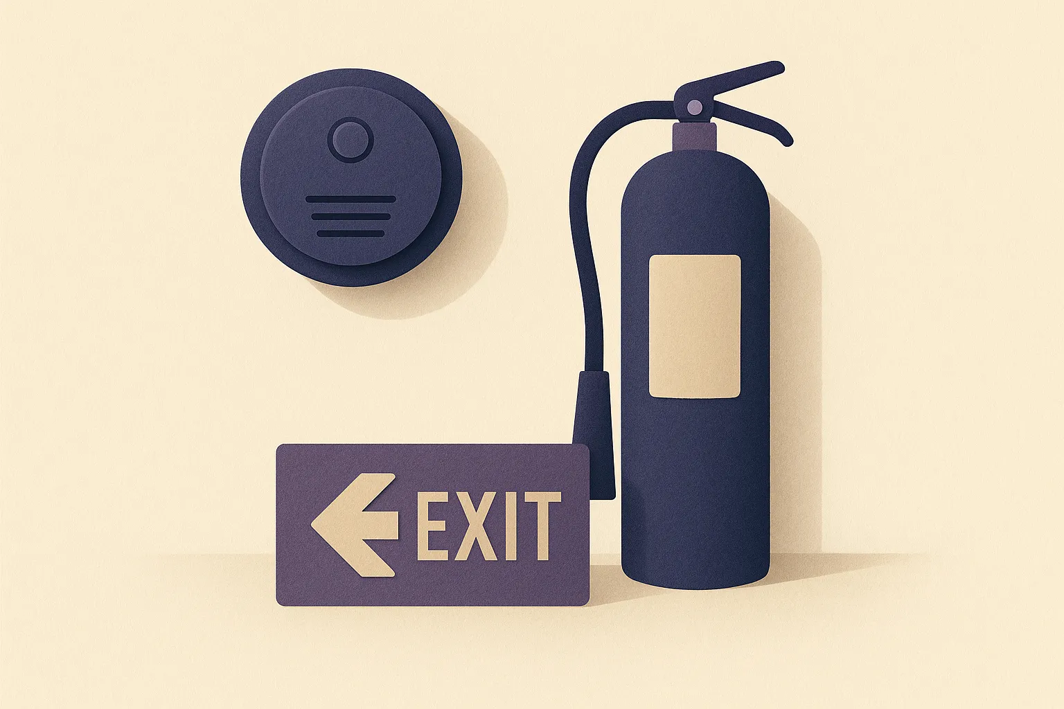 A smoke alarm, fire extinguisher, and exit sign in a calm arrangement, a warm editorial paper-craft illustration in the CompliCalendar style.