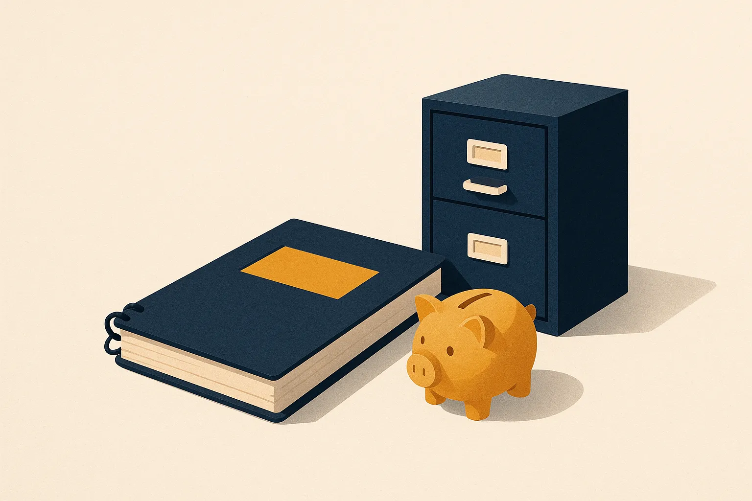A bound benefit-plan annual report with a pension piggy bank and a filing cabinet, a warm editorial paper-craft illustration in the CompliCalendar style.