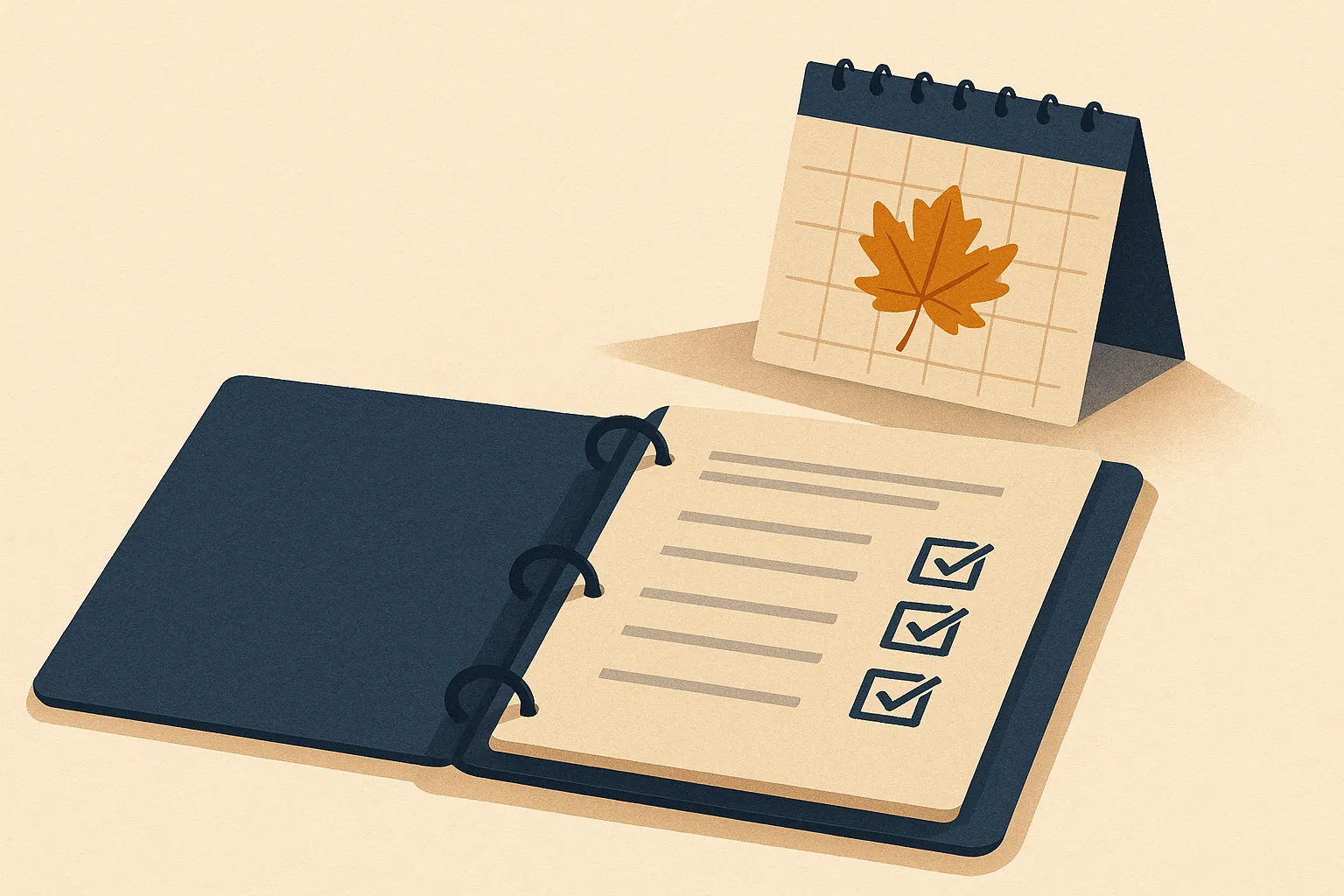 A benefits enrollment binder open with checkboxes and a calendar marking fall, a warm editorial paper-craft illustration in the CompliCalendar style.
