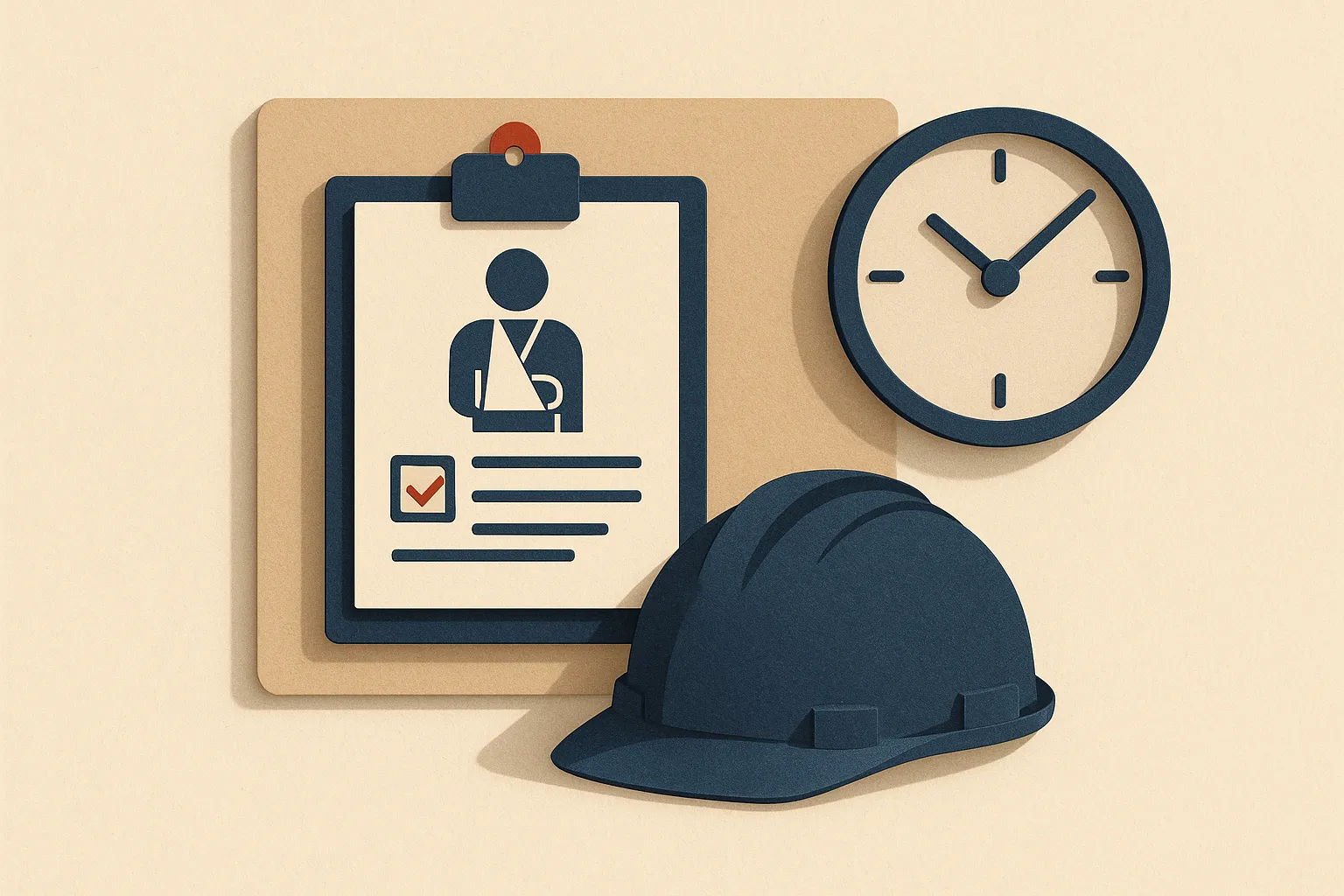 An OSHA 300A injury-summary sheet pinned to a workplace bulletin board beside a hard hat, a warm editorial paper-craft illustration in the CompliCalendar style.