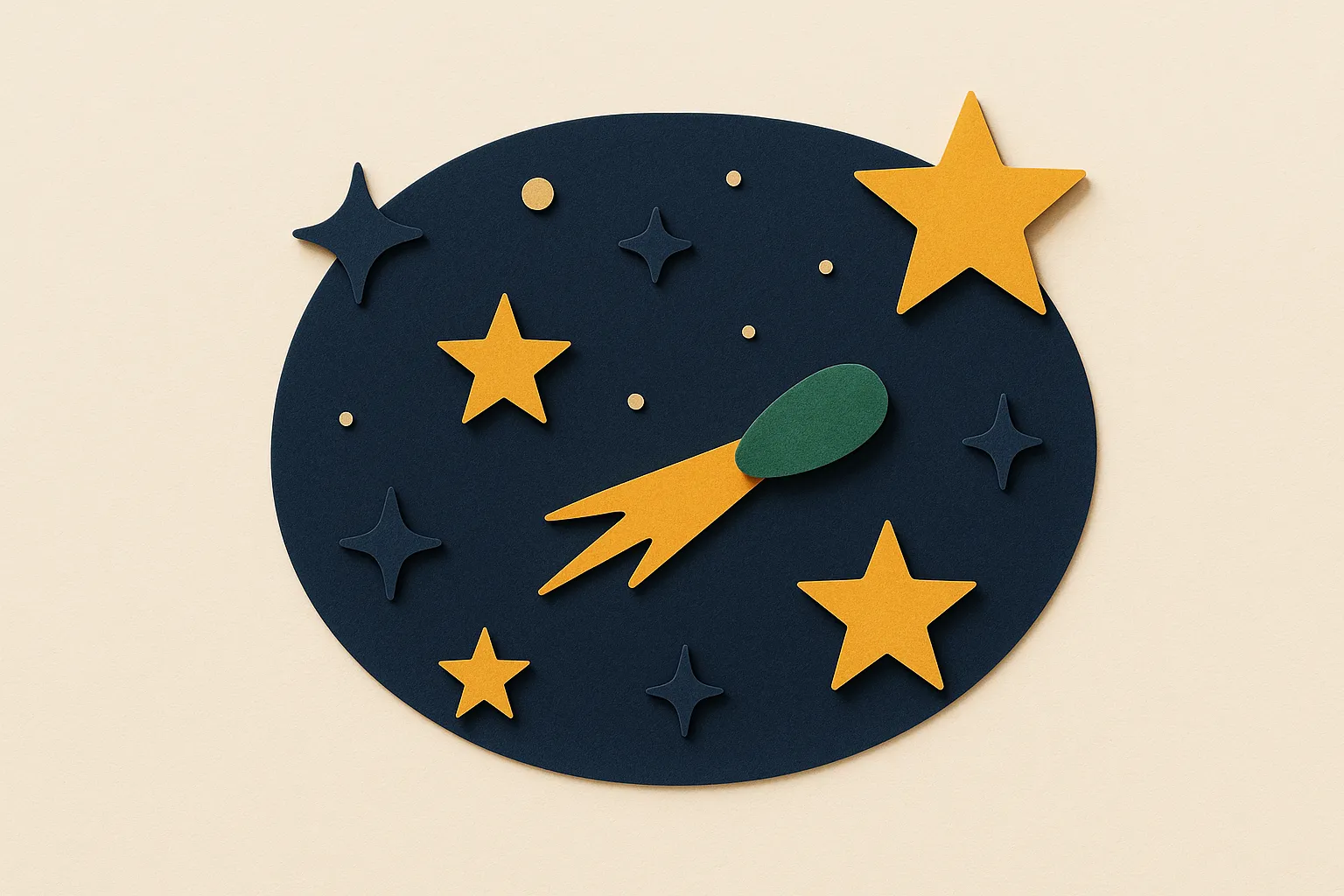 A playful starfield with a small comet, a gentle space-movie nod with no logos, a warm editorial paper-craft illustration in the CompliCalendar style.