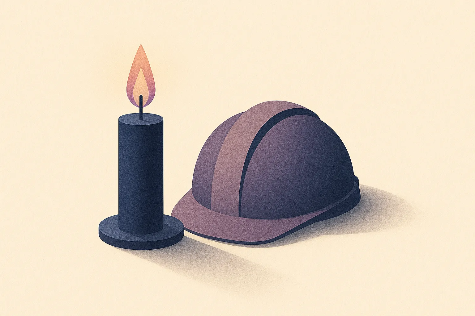A single candle beside a hard hat in quiet remembrance, a warm editorial paper-craft illustration in the CompliCalendar style.
